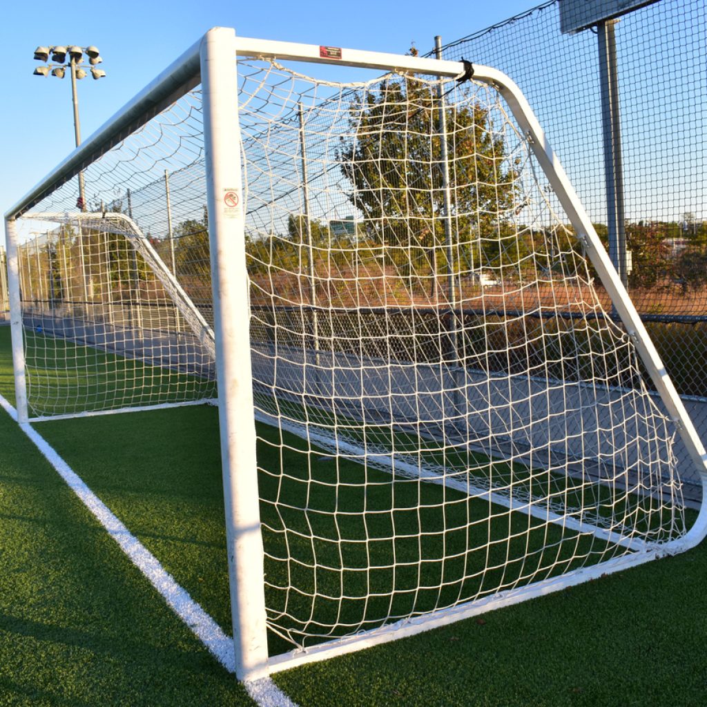 View of an empty soccer goal before a match