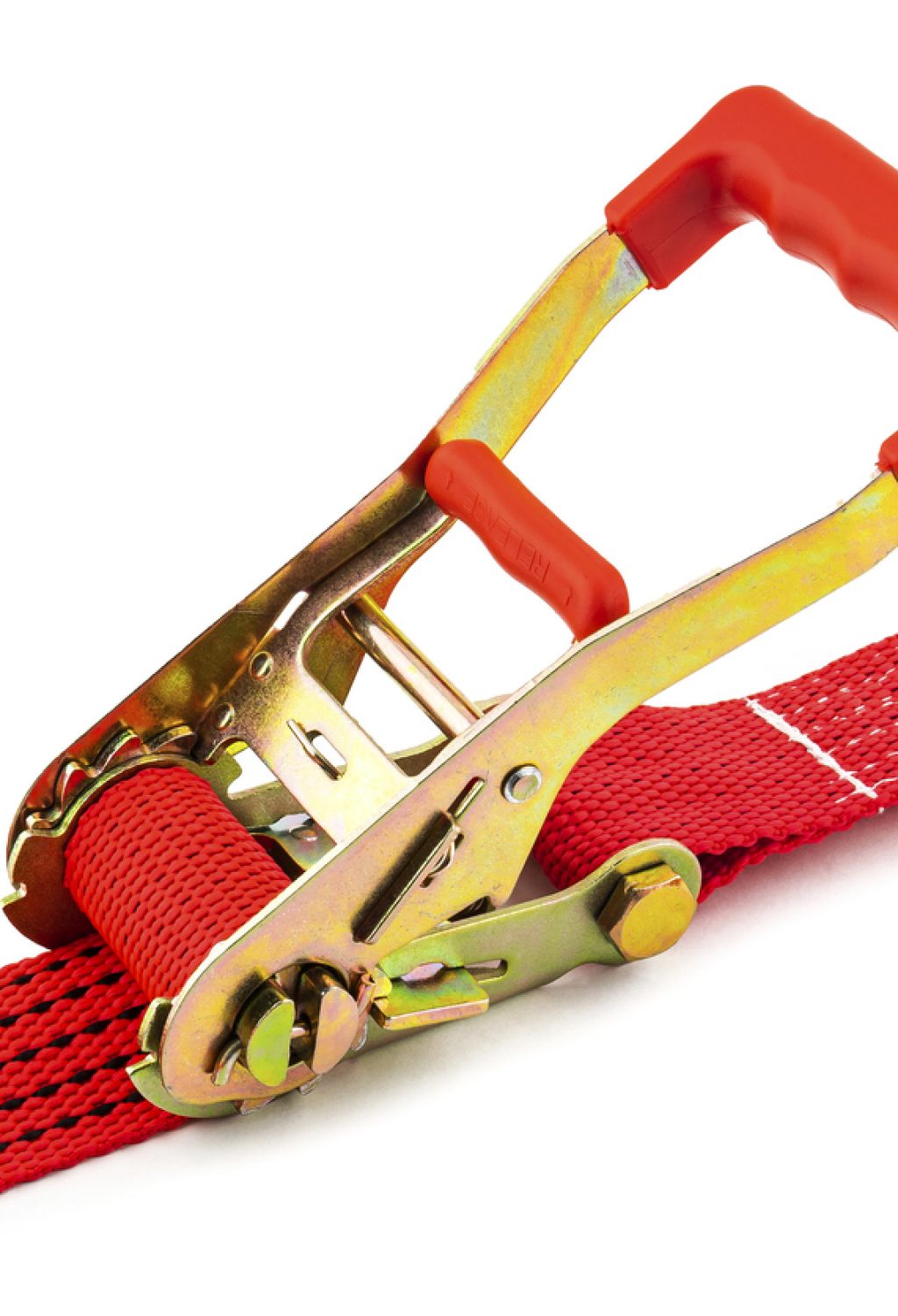 Trailer strop or strap in orange nylon and metal tie isolated over white background. Ratchet straps for cargo load control. Cargo restraint strap